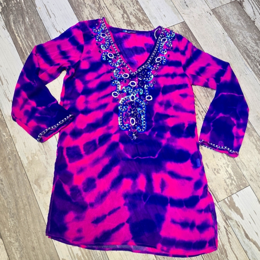 Blue Island Beaded Women's Swim Cover Up Tie Dye Sequin Size Small